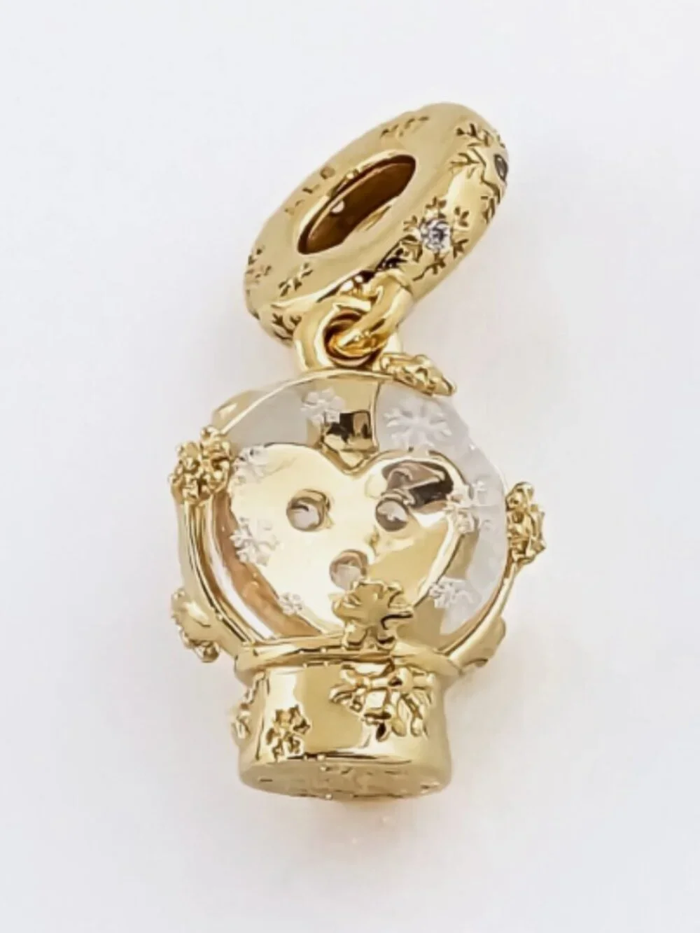 New Pandora Gold Heart Christmas Snowflake Snow Globe Dangle Charm 762825C01